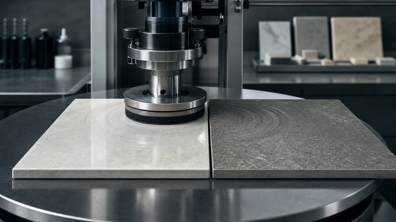 Laboratory abrasion apparatus evaluating the surfaces of porcelain tile samples