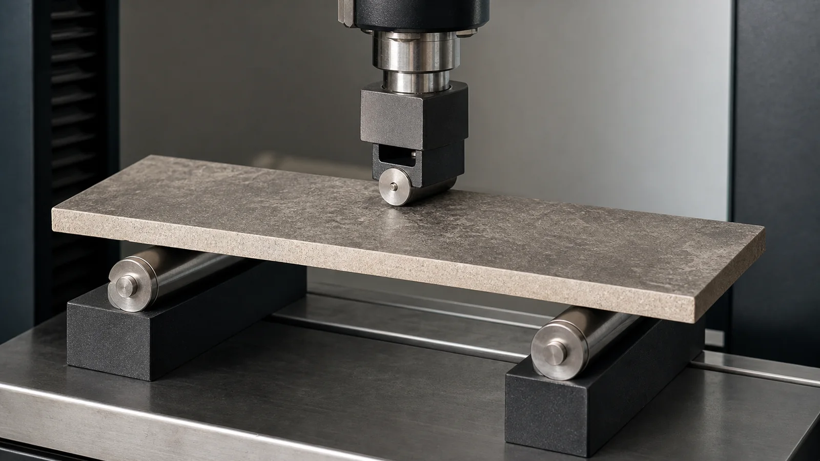 Porcelain tile specimen positioned in a three-point flexural laboratory testing machine