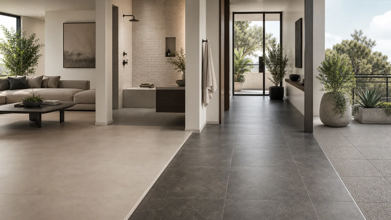Porcelain tile finishes used across a living space, wet area, commercial entry, and exterior terrace