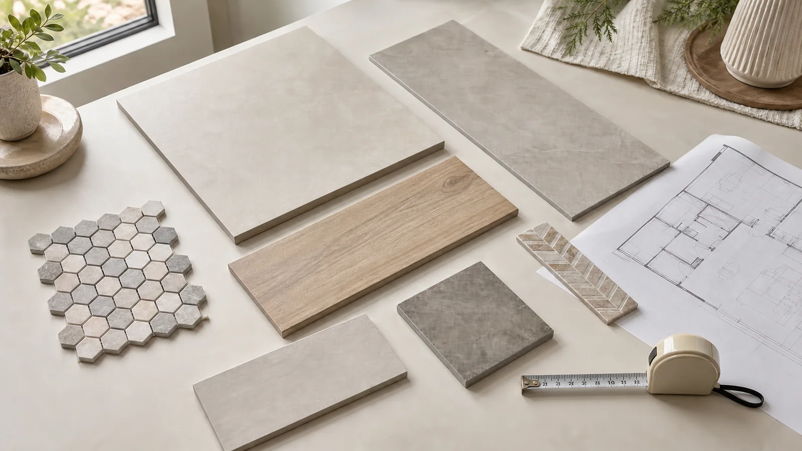 Porcelain tile samples in large, rectangular, plank, square, mosaic, and decorative formats beside a floor plan