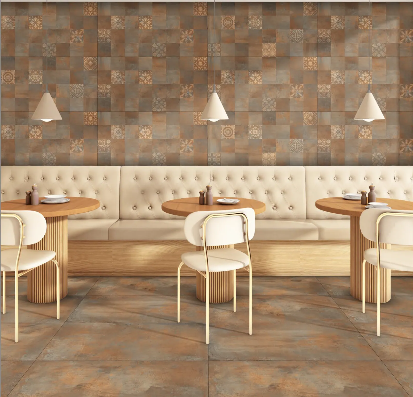 Porcelain tile used across a commercial hospitality interior