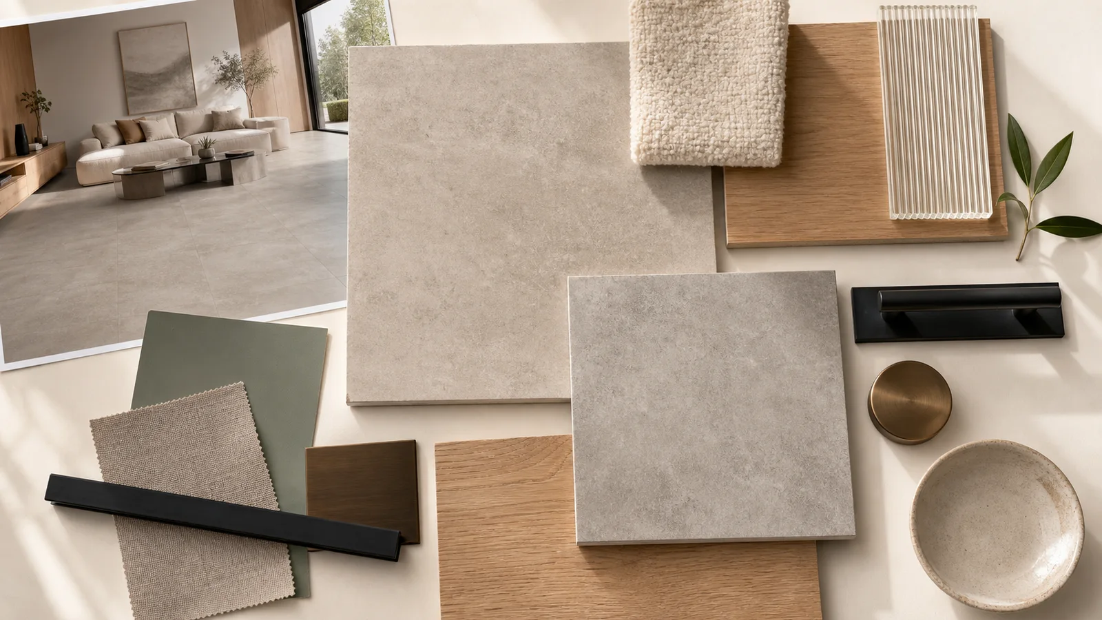 Mood board pairing concrete-look porcelain tile with warm oak, textiles, sage, black metal, bronze, and glass