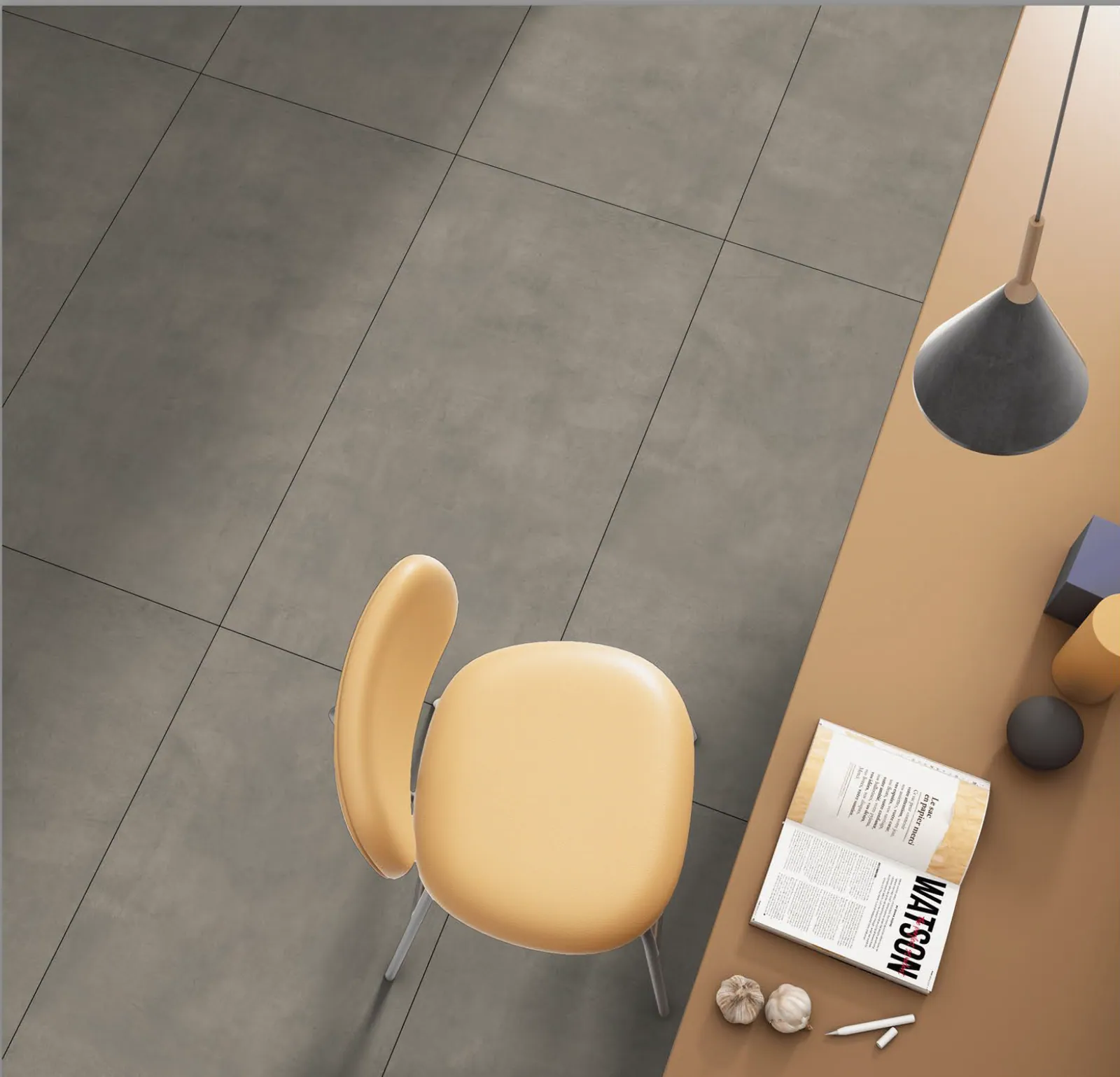 Large concrete-look porcelain floor tiles viewed from above