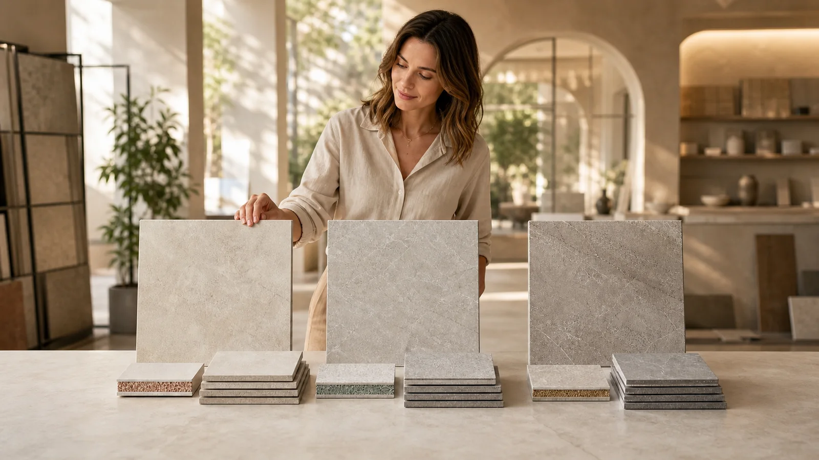A homeowner comparing three equally presented porcelain tile collections in a bright showroom