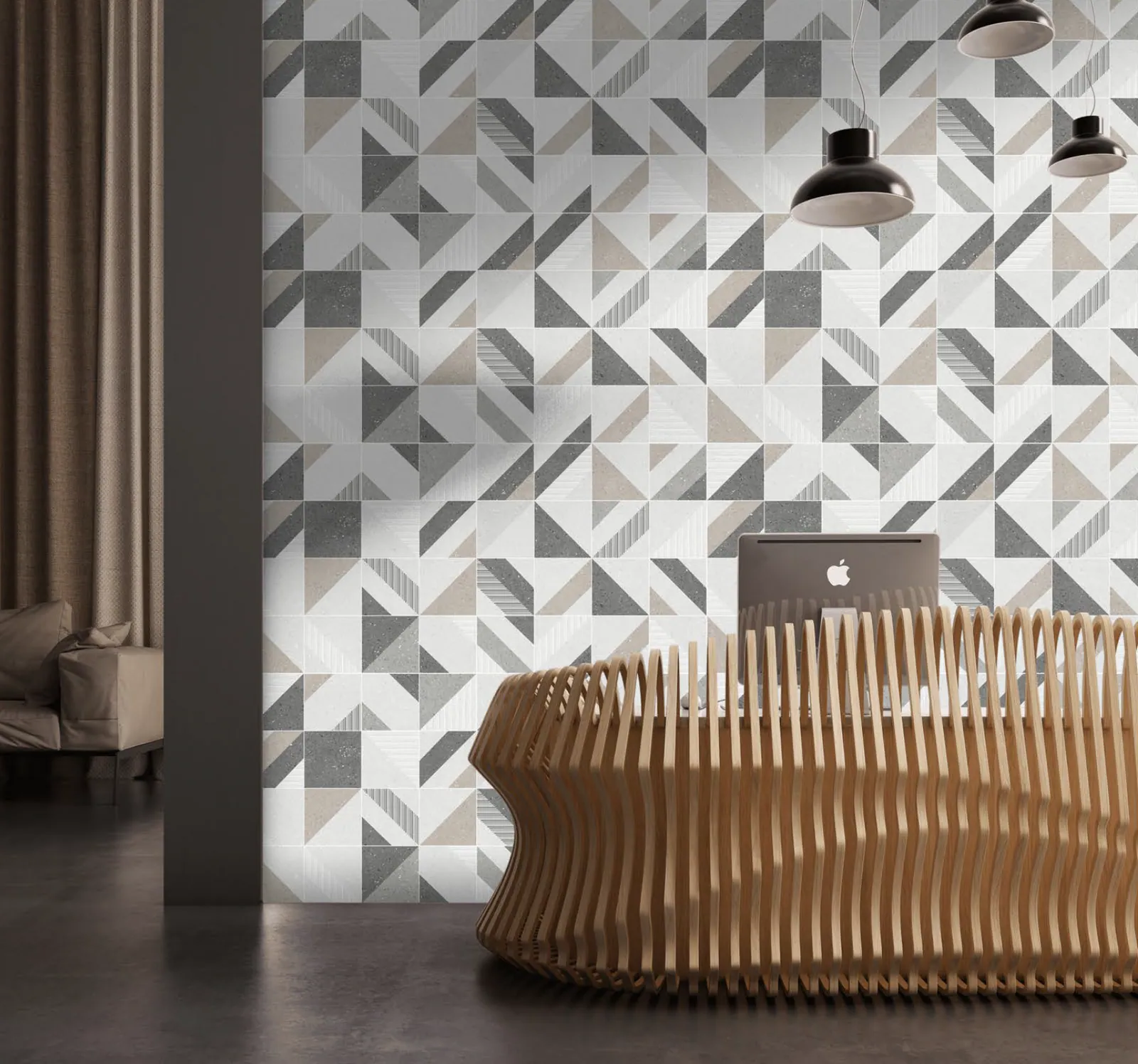 Geometric decorative porcelain wall tile in a contemporary room