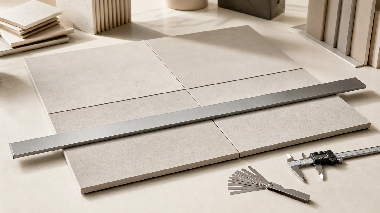 Porcelain tiles checked for alignment and flatness with a straightedge, caliper, and feeler gauges