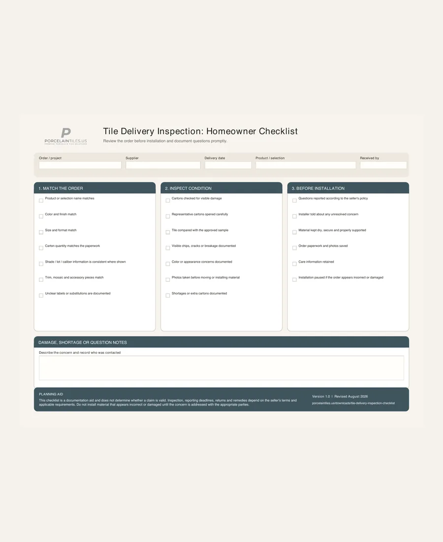 Preview of Tile Delivery Inspection Checklist