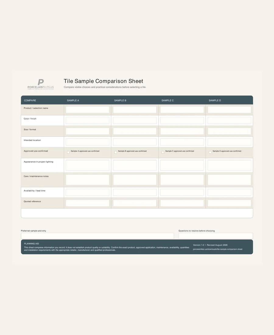 Preview of Tile Sample Comparison Sheet