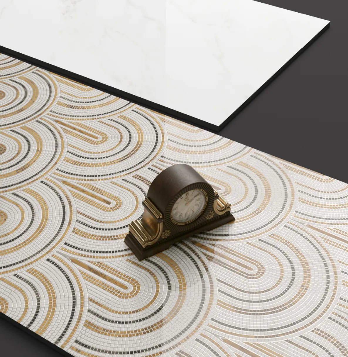 Porcelain tile layers and printed surface illustrating manufacturing development