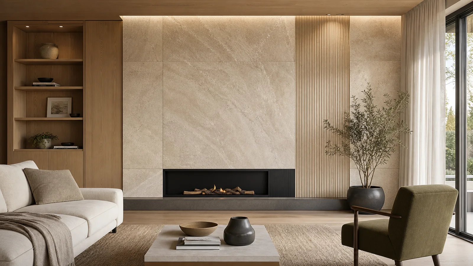 Warm living room with an integrated stone-look porcelain feature wall, fireplace, fluted detail, and shelving