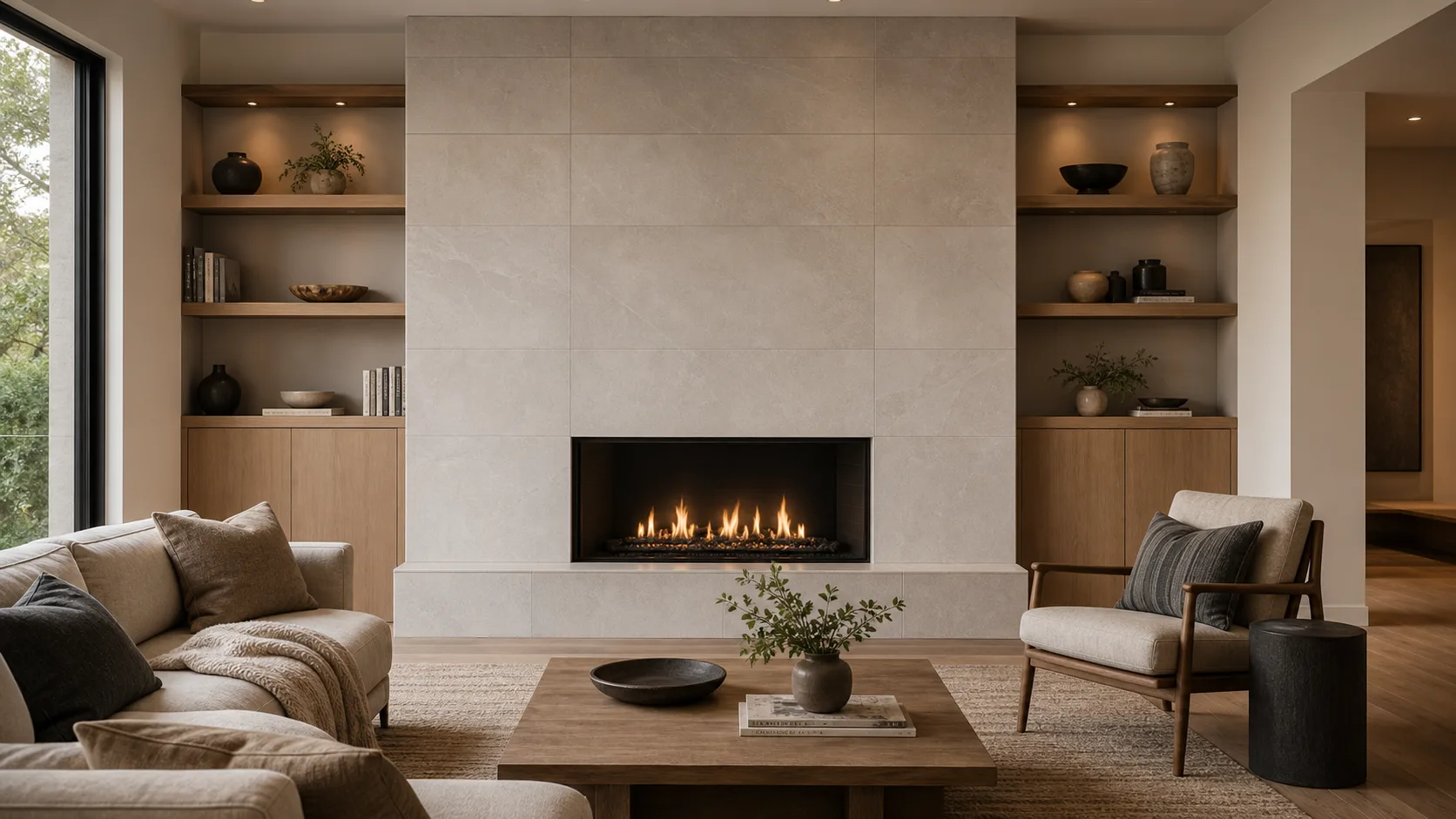 Contemporary living room with a full-height stone-look porcelain tile fireplace surround