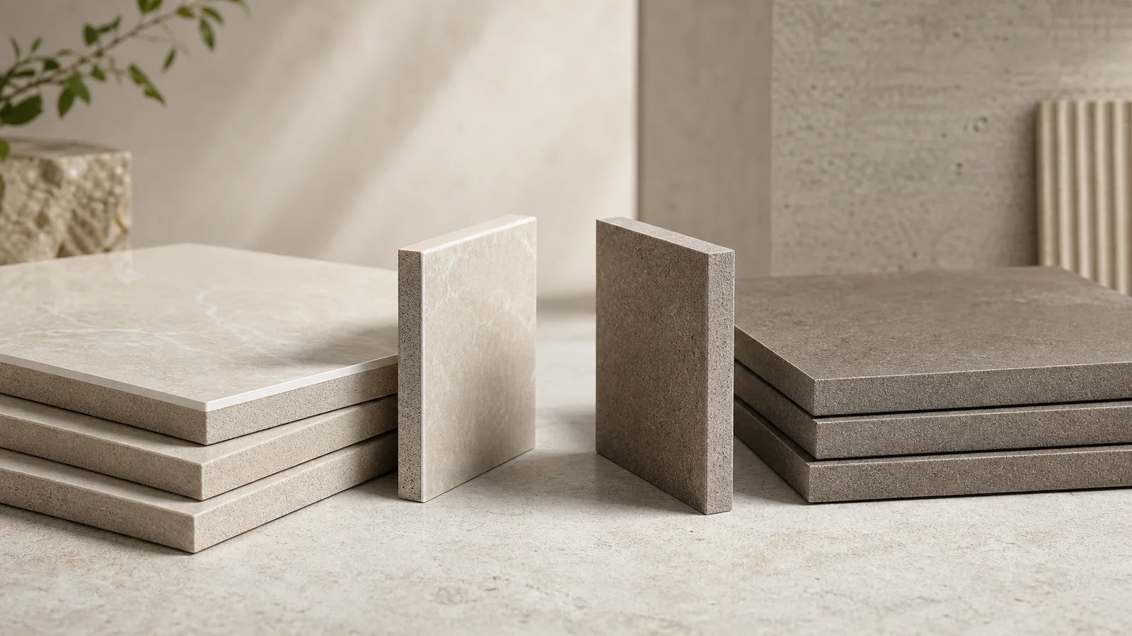 Glazed and unglazed porcelain tile samples showing their surface and body cross-sections