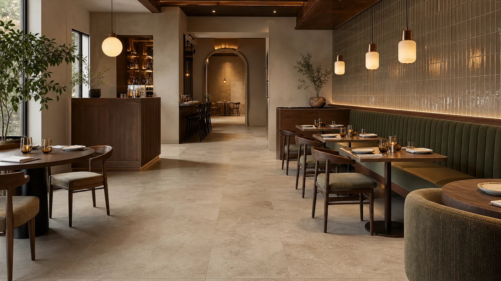 Warm contemporary restaurant with porcelain tile flooring, banquette seating, and a tiled feature wall