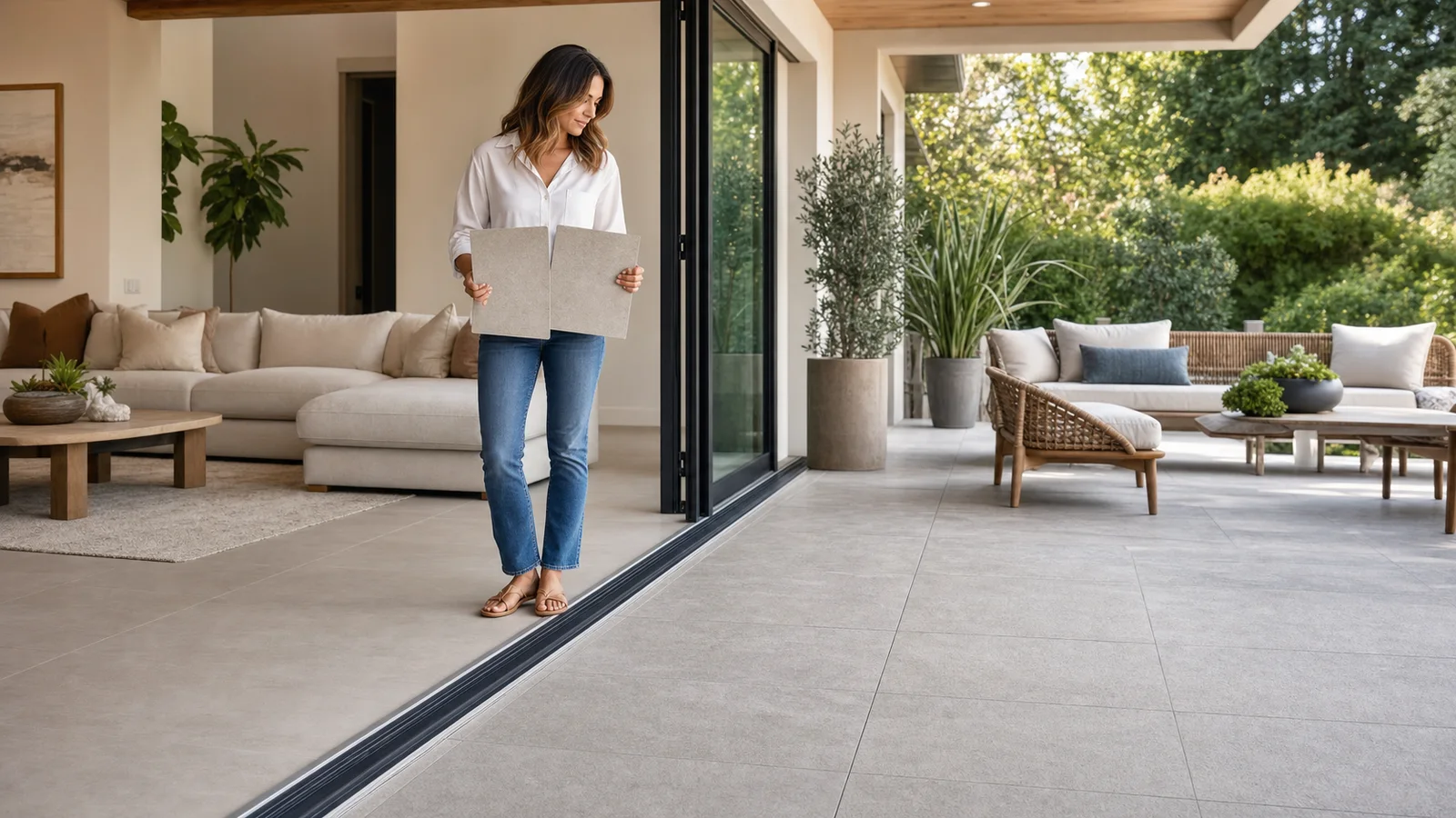 A homeowner comparing coordinated indoor and outdoor porcelain tile at an open patio doorway