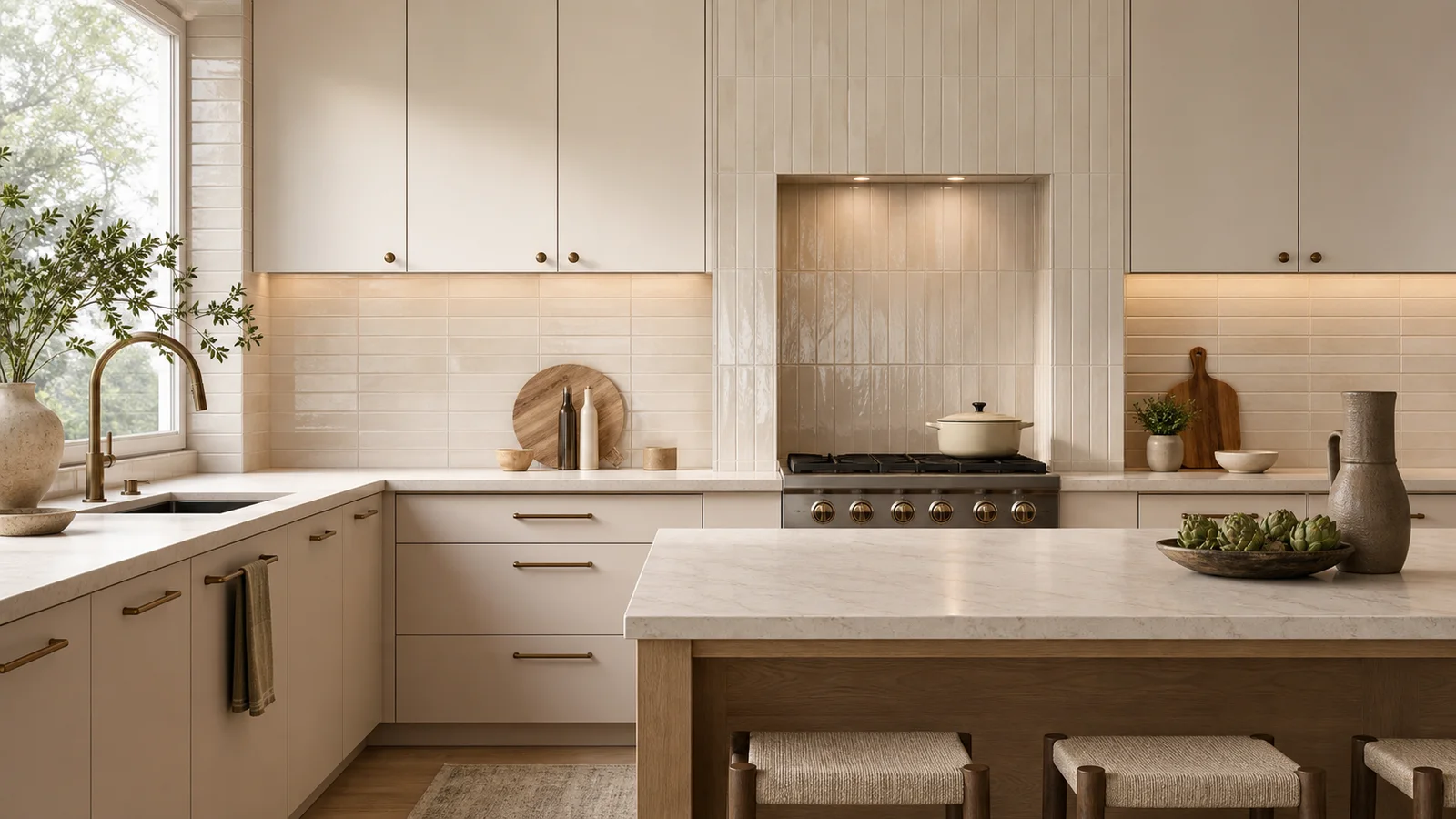 Warm contemporary kitchen with a coordinated full-height ivory porcelain tile backsplash