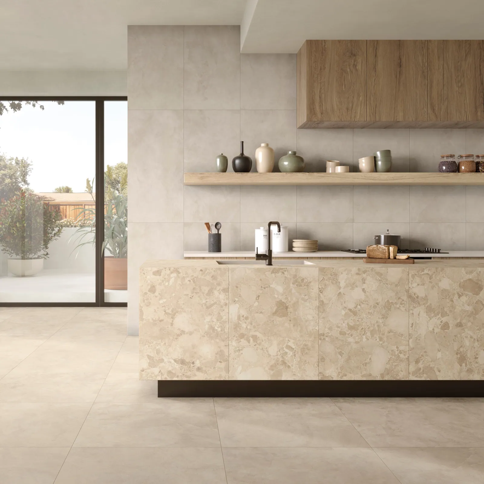 Large-format porcelain floor and wall tile in a contemporary interior