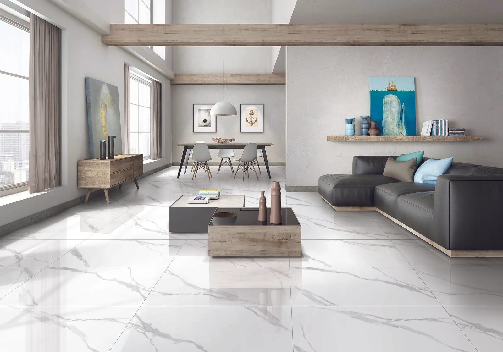 Marble-look porcelain floor tile with soft gray veining