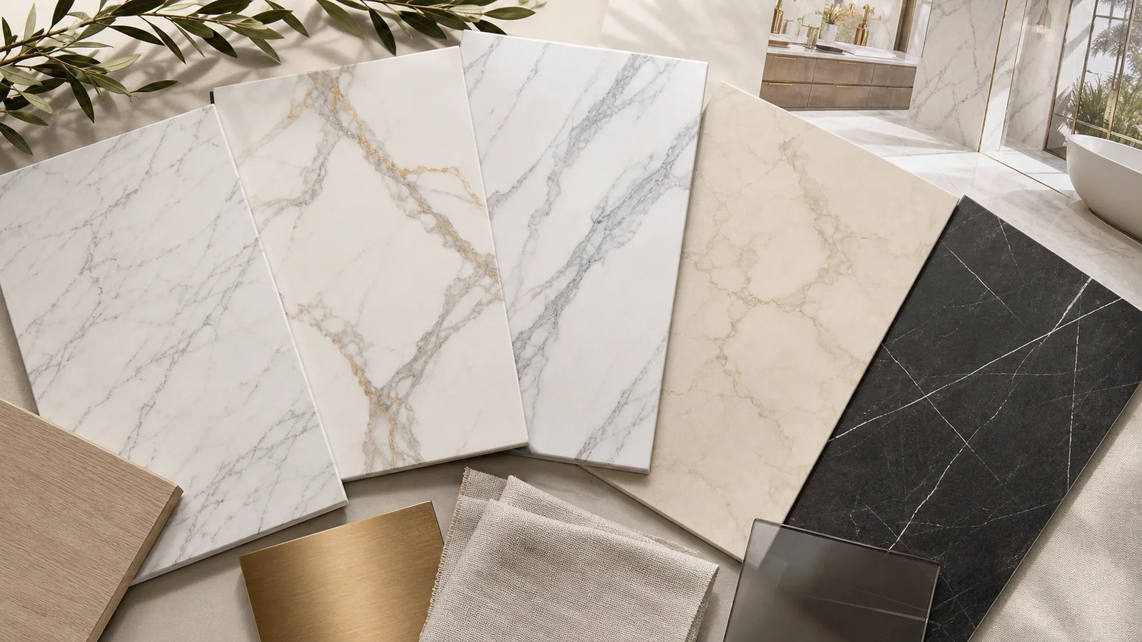 Mood board comparing five distinct marble veining styles in porcelain tile
