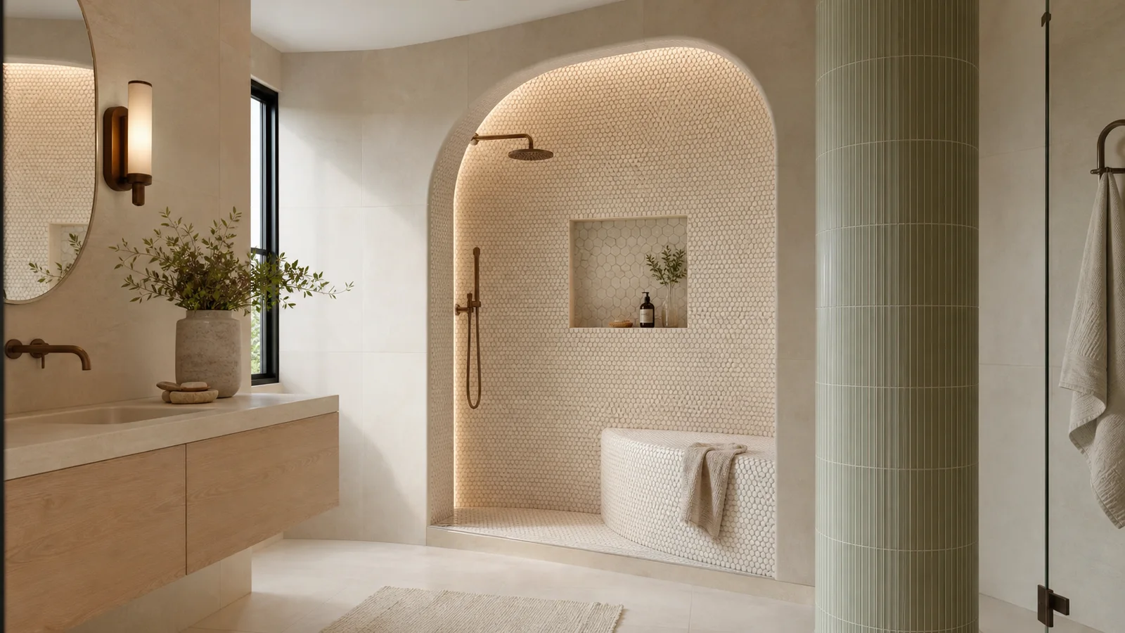 Arched shower, rounded bench, and cylindrical column finished with coordinated porcelain mosaics