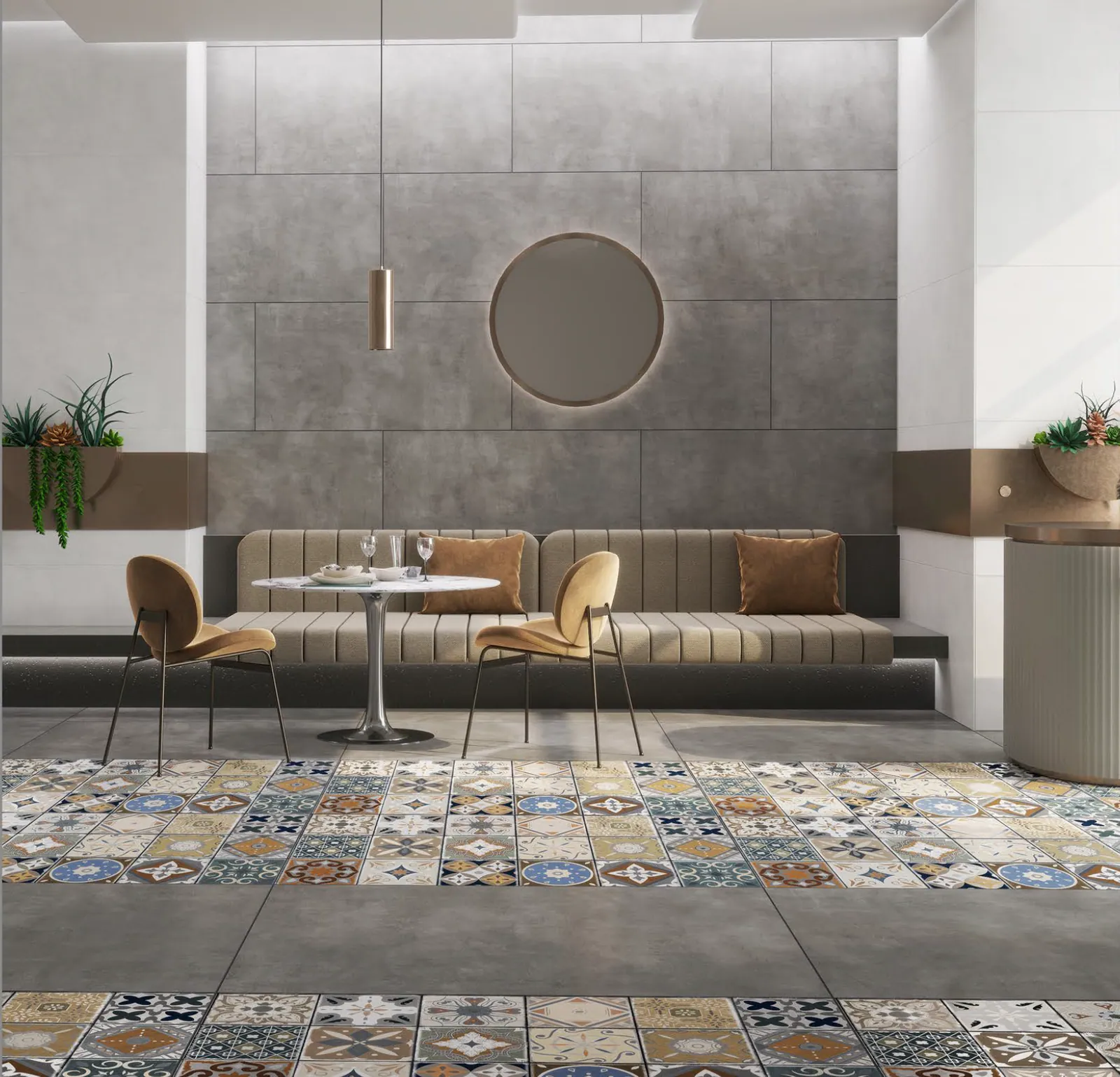 Decorative porcelain mosaic floor tile used as an interior accent