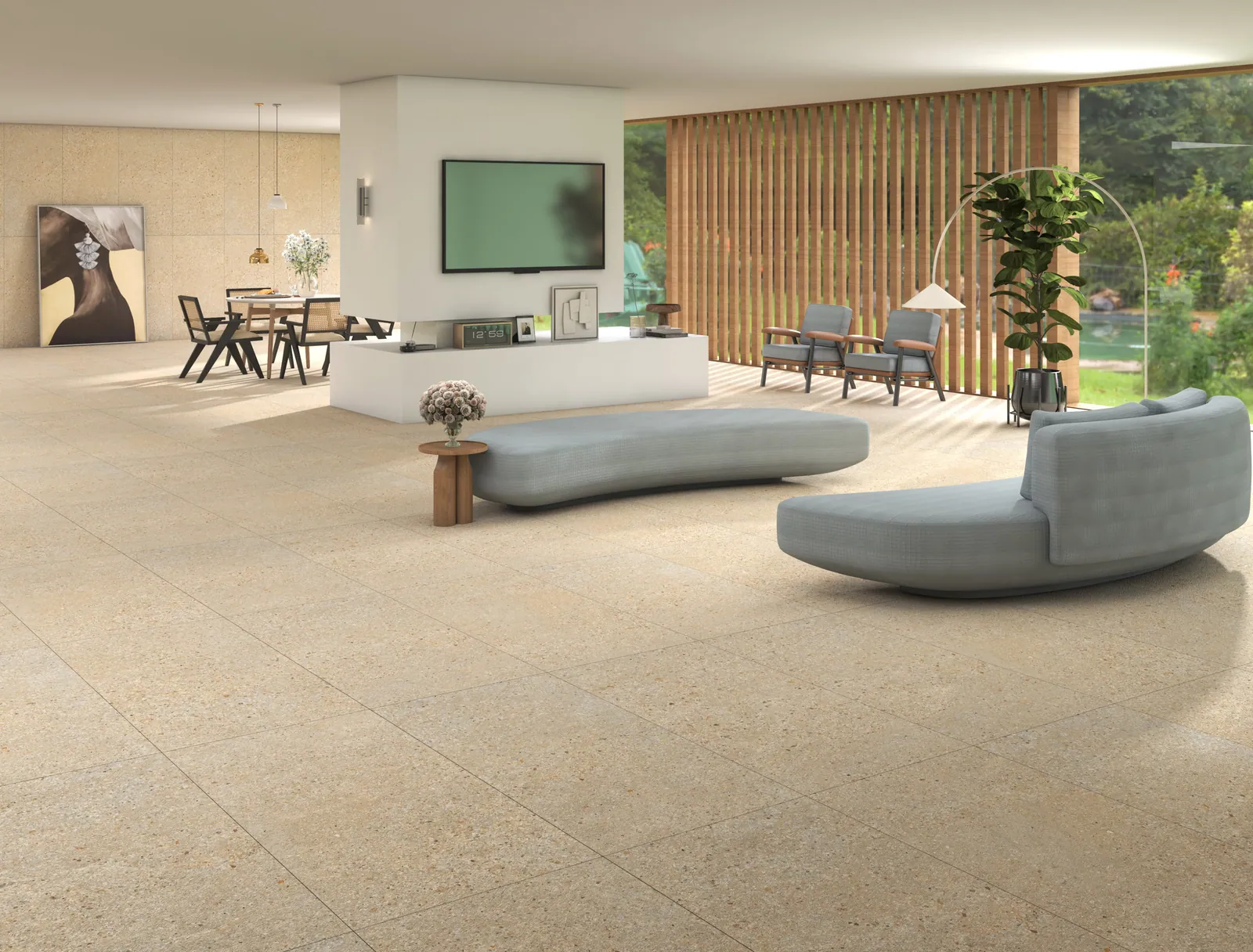Outdoor porcelain tile connecting an interior living area with a terrace