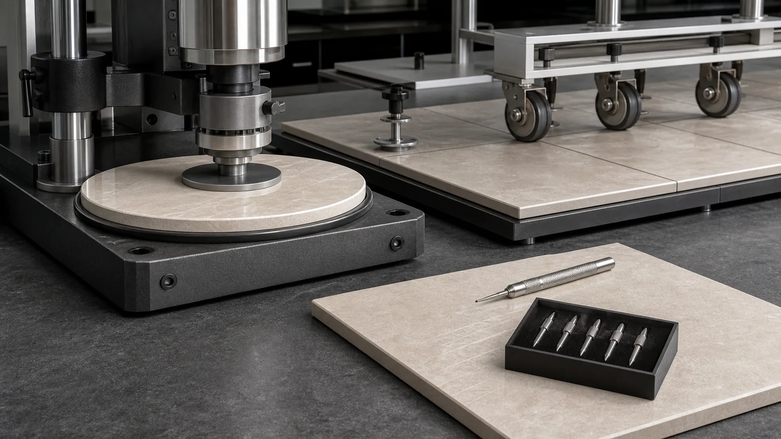 Porcelain tile undergoing abrasion, scratch-hardness, and rolling-traffic laboratory evaluations