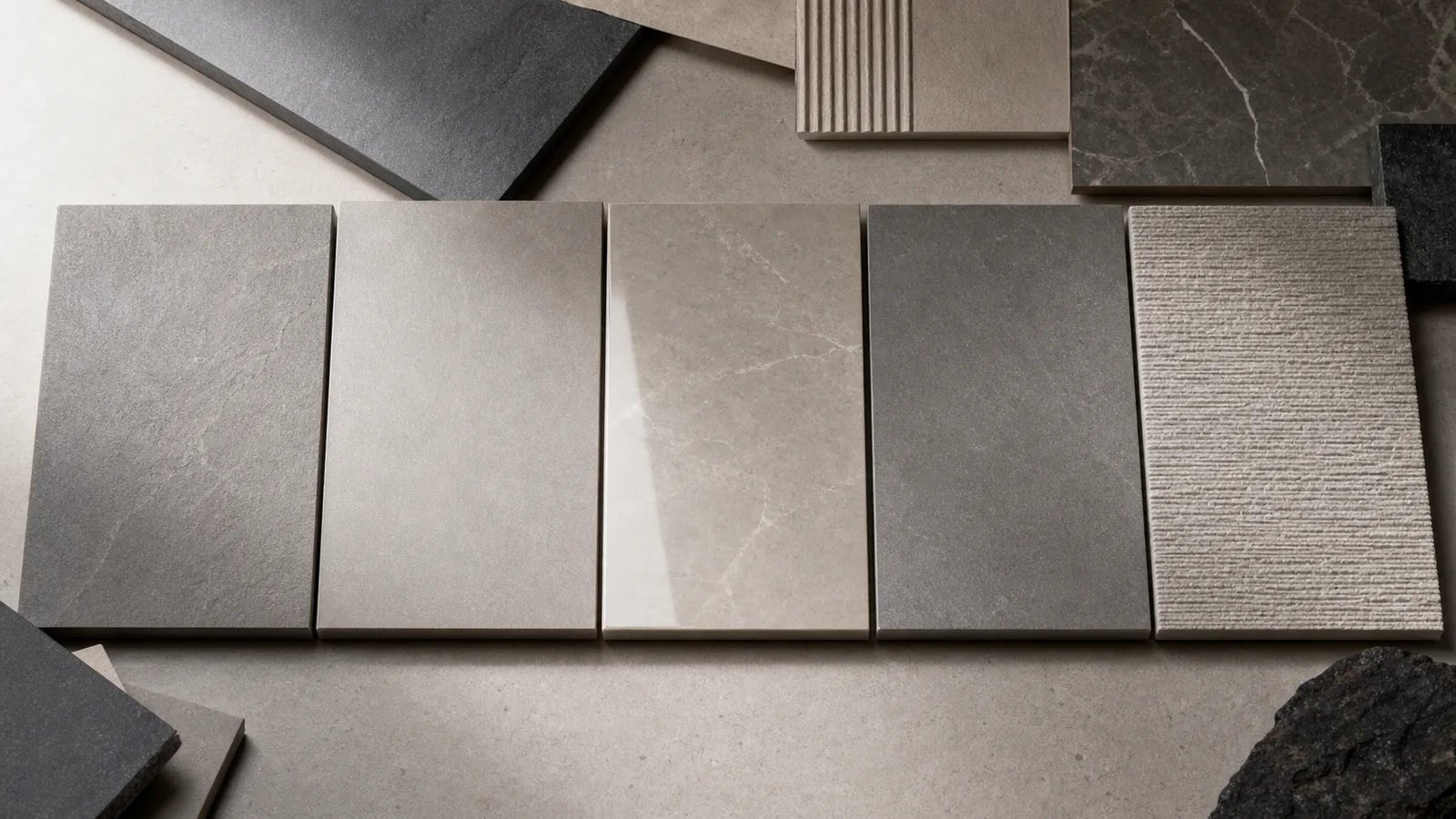 Porcelain tile samples showing matte, satin, polished, honed, and textured finishes