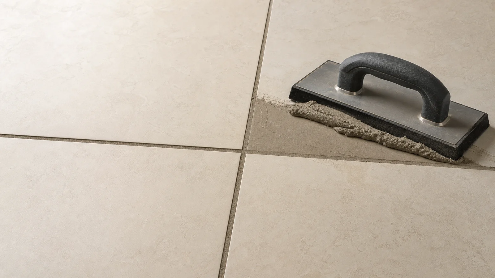 Consistent grout joints between porcelain tiles beside a professional grout float