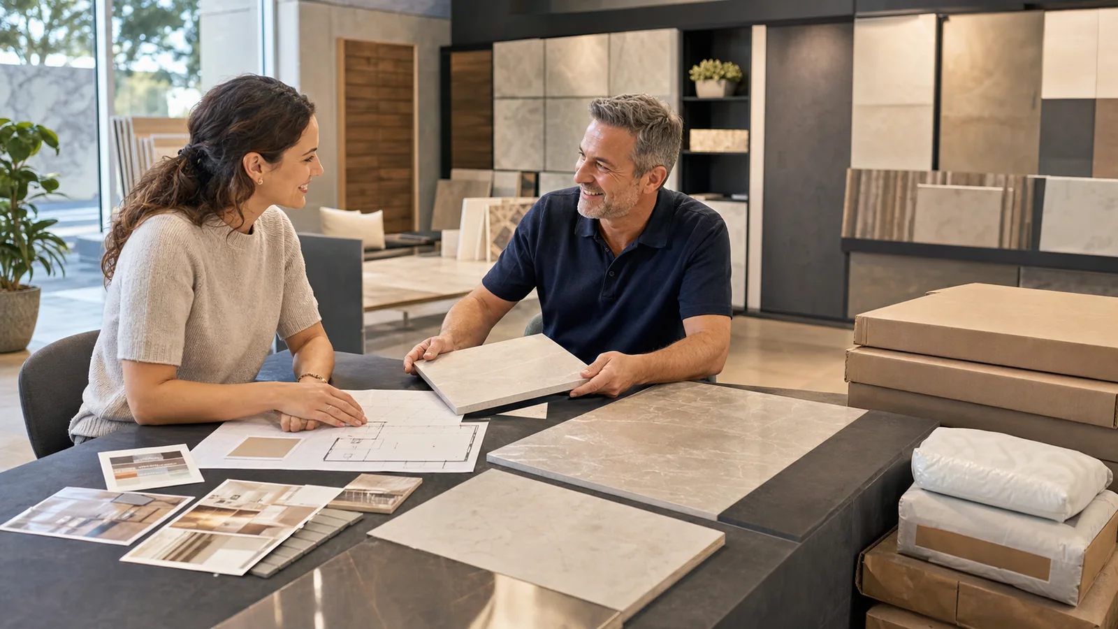 A prepared homeowner reviewing room measurements and porcelain tile samples with an experienced salesperson