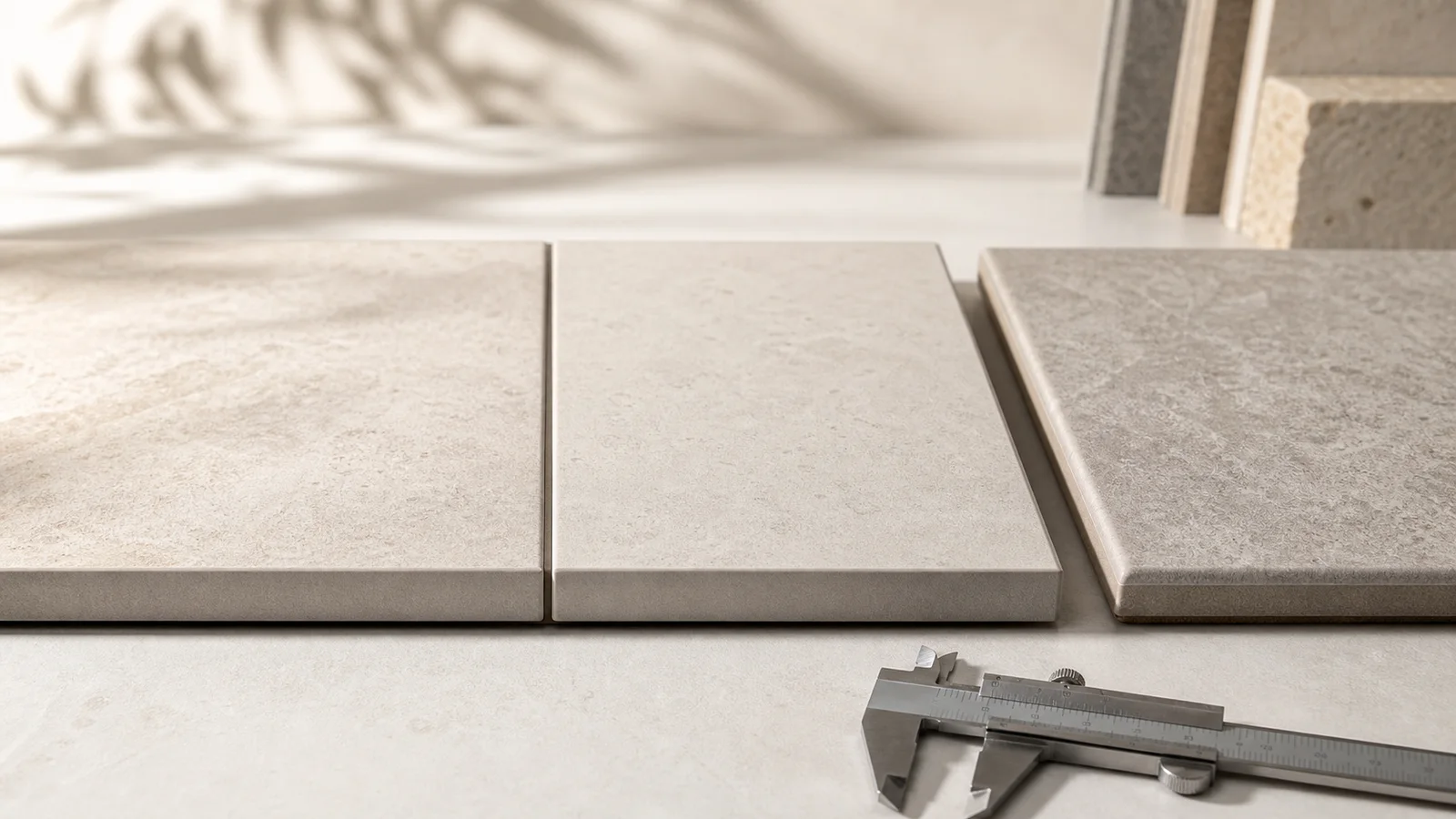 Rectified and pressed porcelain tile edges compared beside a precision caliper