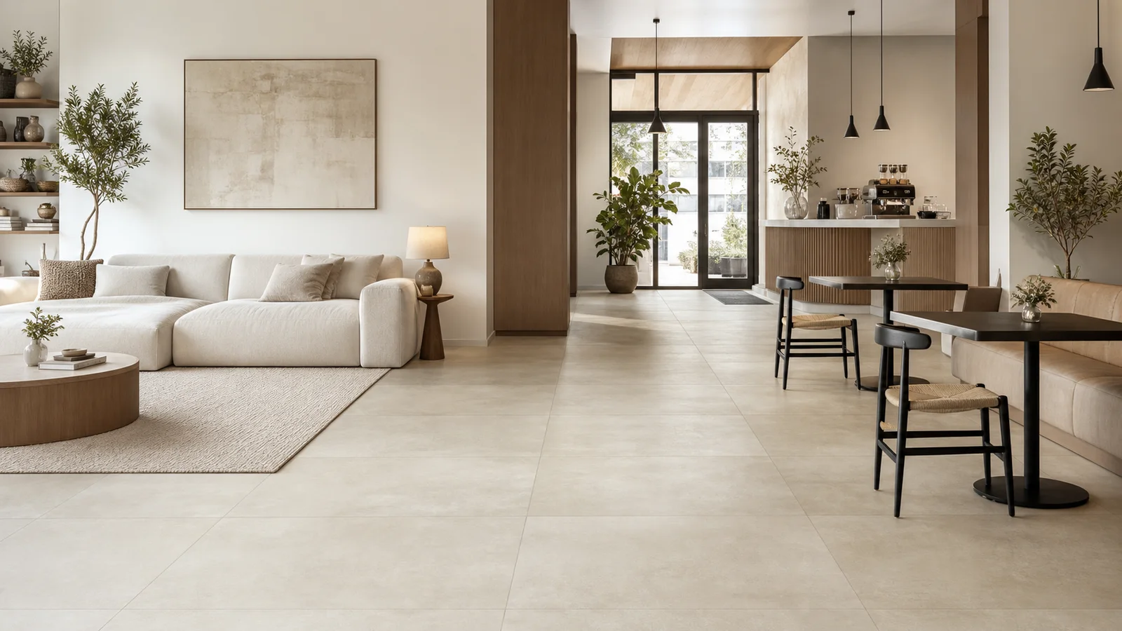 The same porcelain floor continuing between a residential living space and a light-commercial café