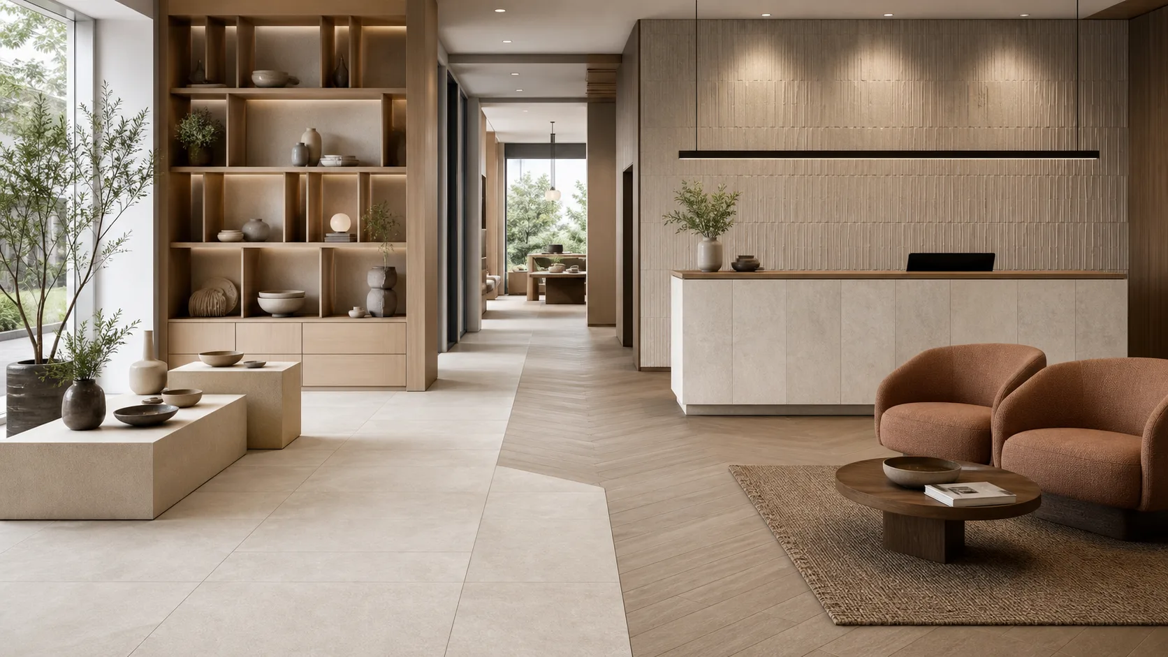 Contemporary retail reception with porcelain tile flooring, product displays, waiting seats, and a tiled backdrop