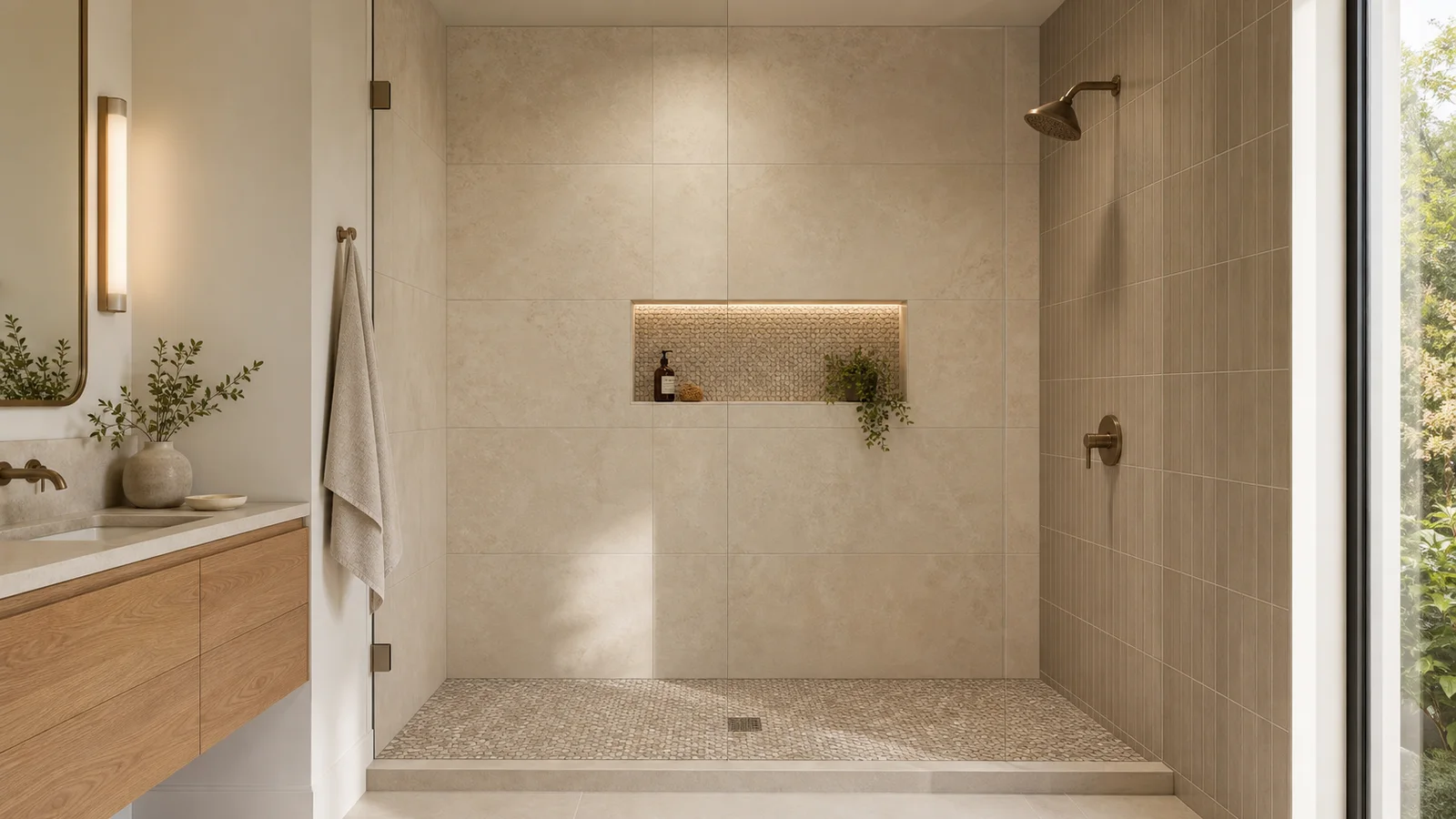 Warm contemporary shower with large-format porcelain walls, a vertical tile feature wall, and an aligned mosaic niche