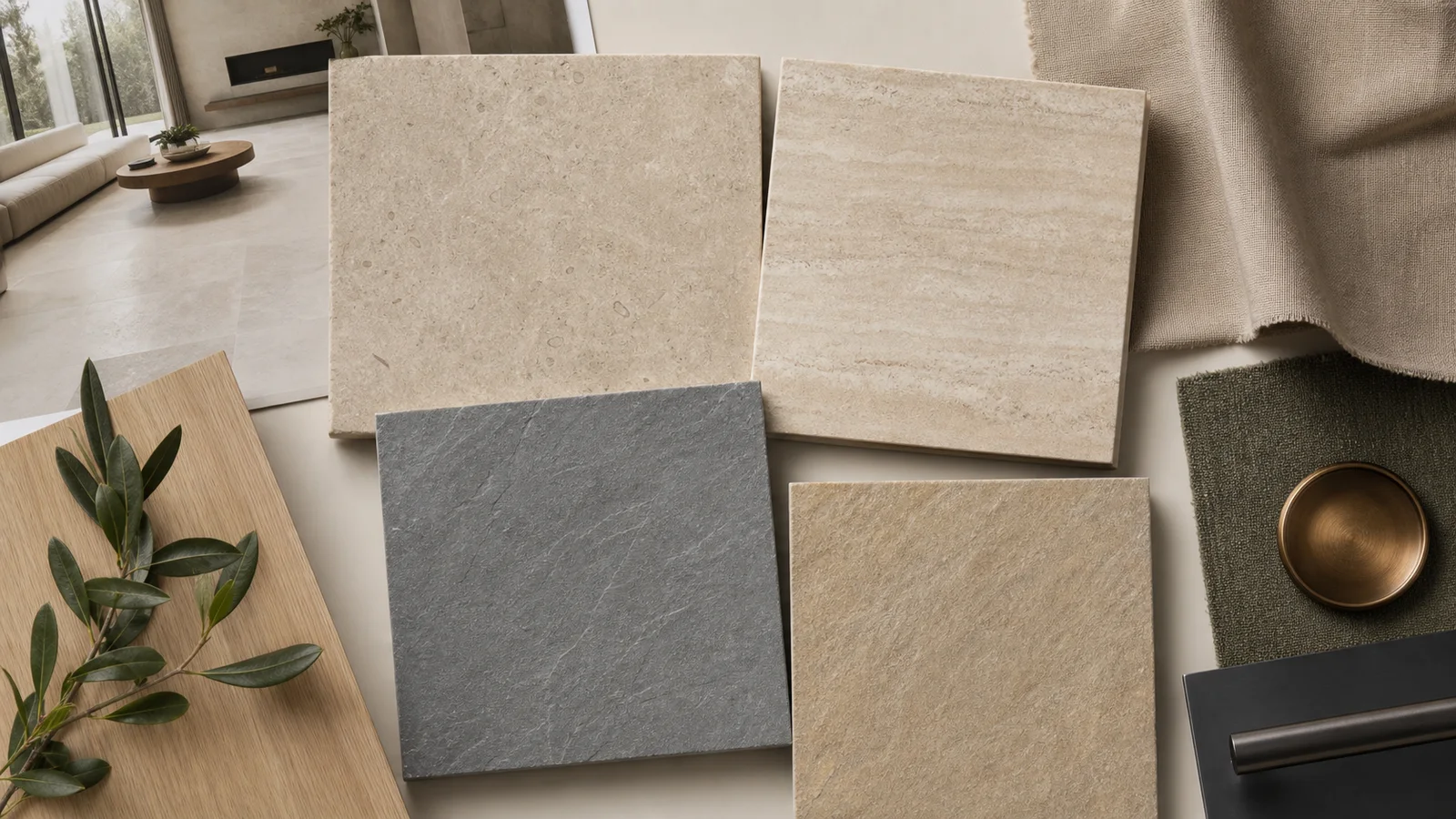 Interior mood board with limestone-, travertine-, slate-, and quartzite-look porcelain tile