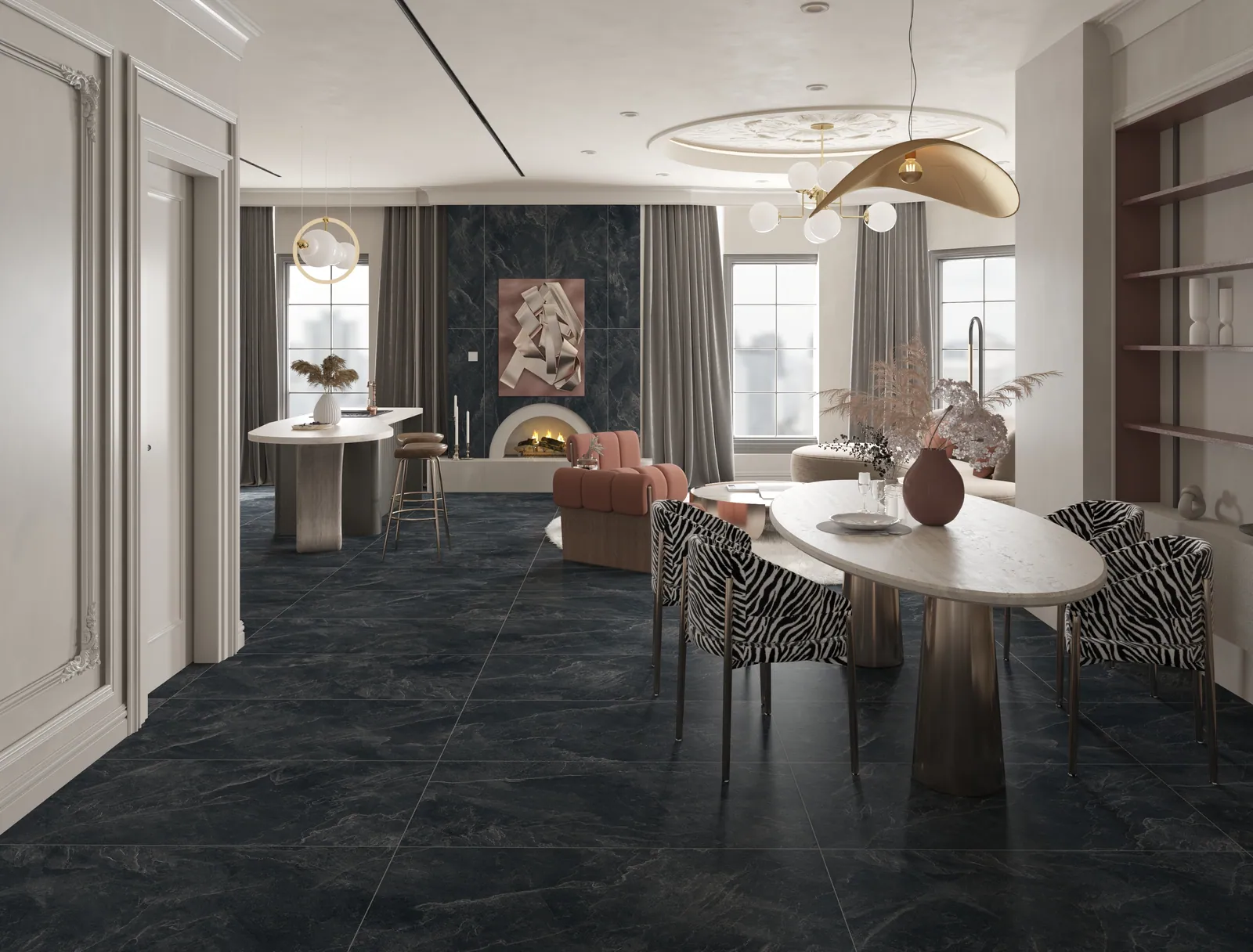 Dark stone-look porcelain floor tile in a residential interior