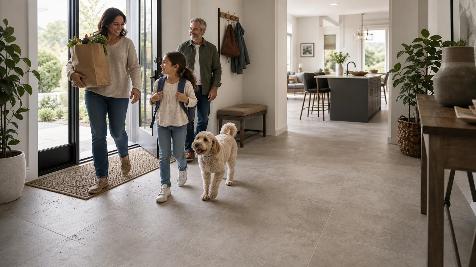 A family and dog entering a busy home across a matte porcelain tile floor
