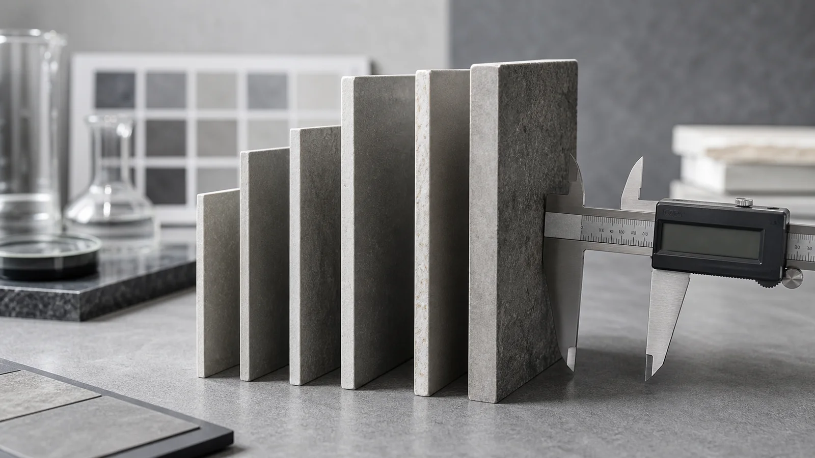 Porcelain tile edge samples of different thicknesses beside a precision caliper