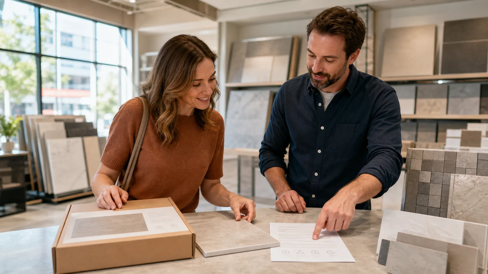 A homeowner and showroom advisor connecting a tile sample with its carton and product information sheet