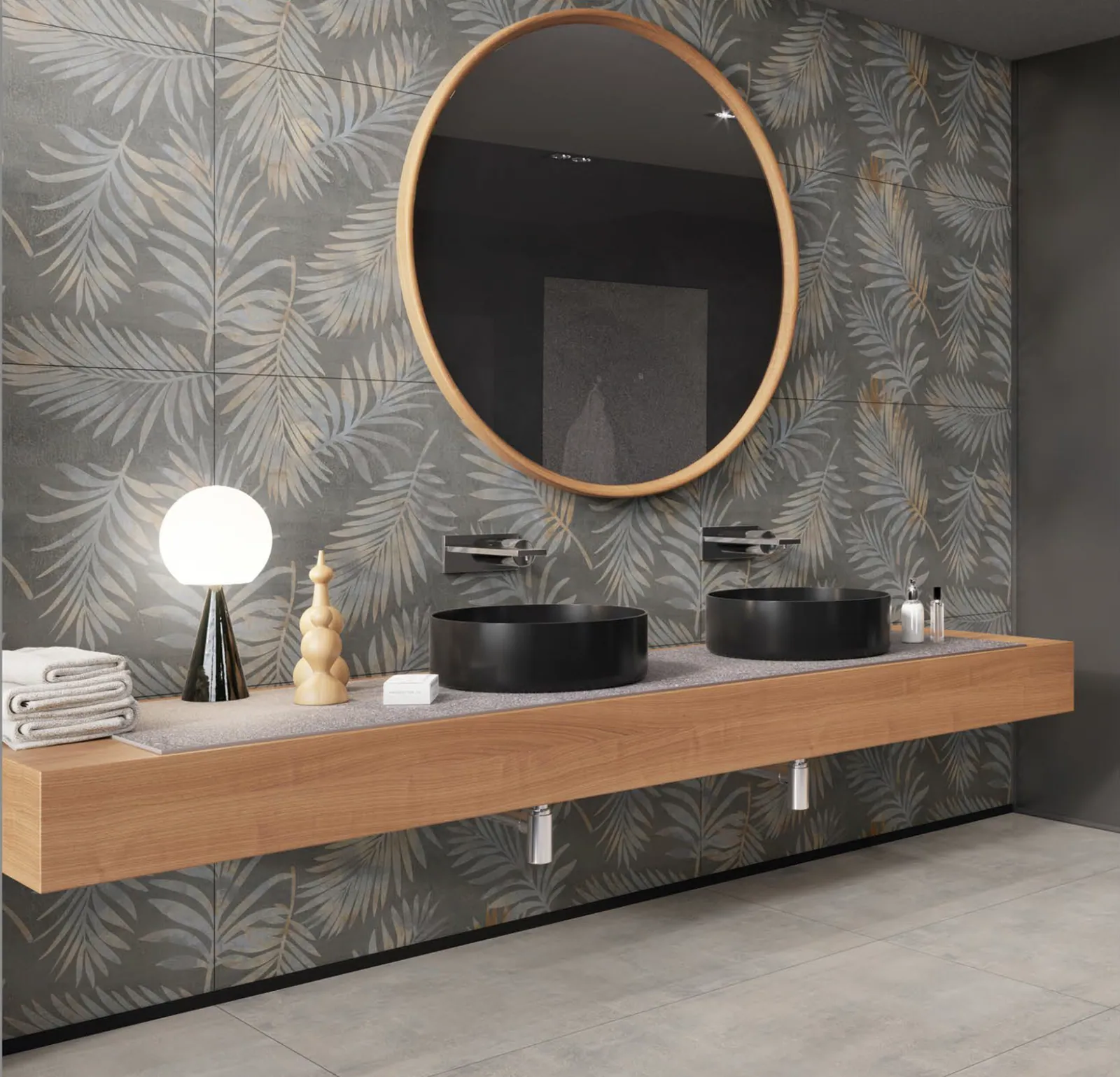 Large porcelain wall tile installed behind a contemporary seating area