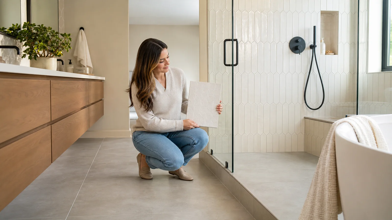 A homeowner comparing a decorative wall tile sample with matte porcelain floor tile in a bathroom