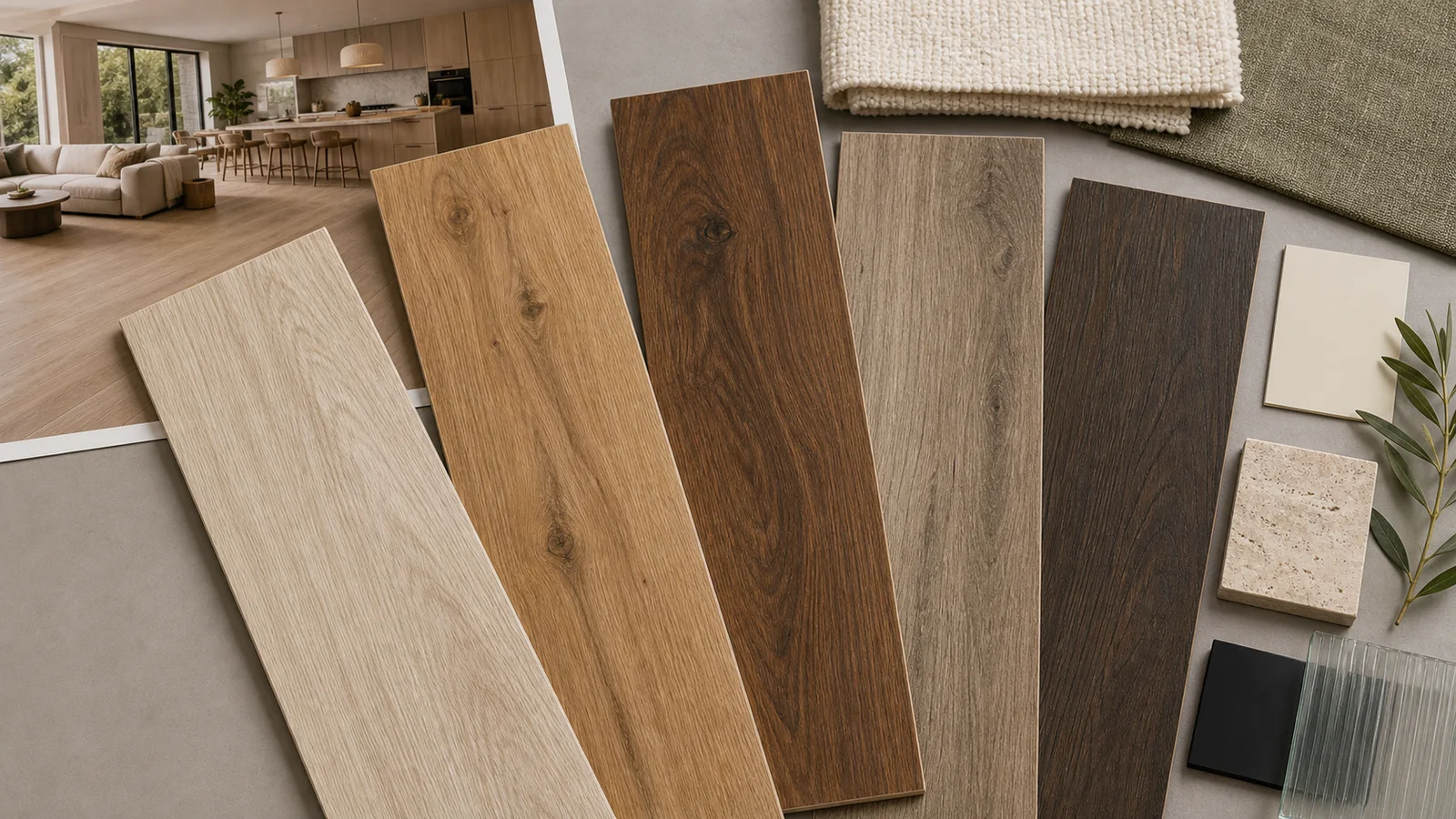Mood board comparing pale oak, honey oak, walnut, weathered taupe, and smoked wood-look porcelain planks