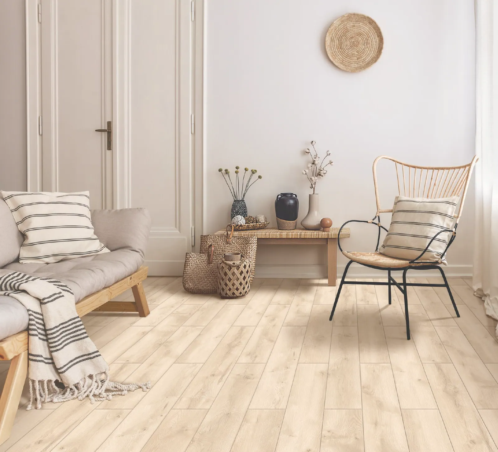 Wood-look porcelain plank tile in a light residential interior